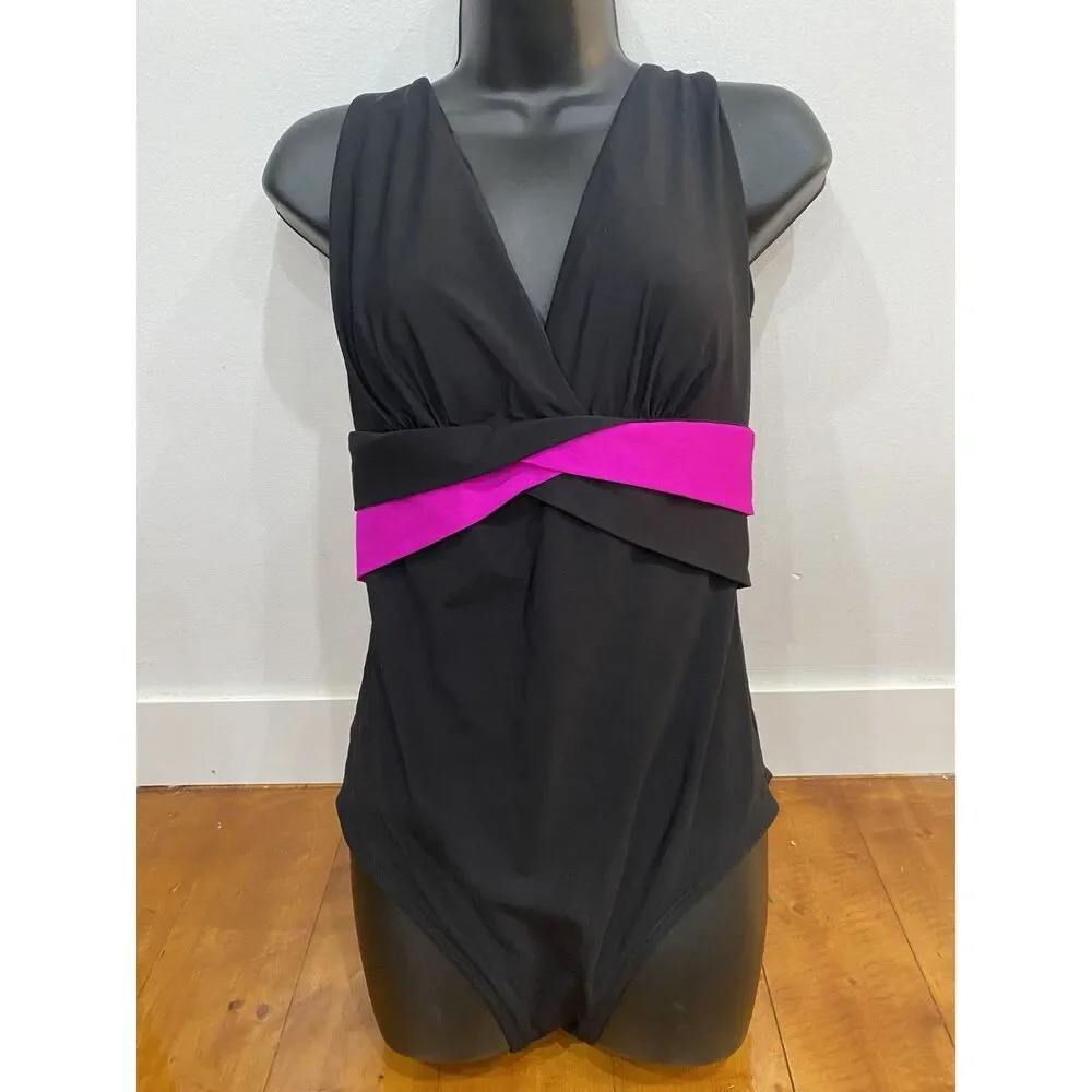 Longitude Womens Size 14 Black Pink One-Piece Swimsuit Stripes Tummy Control